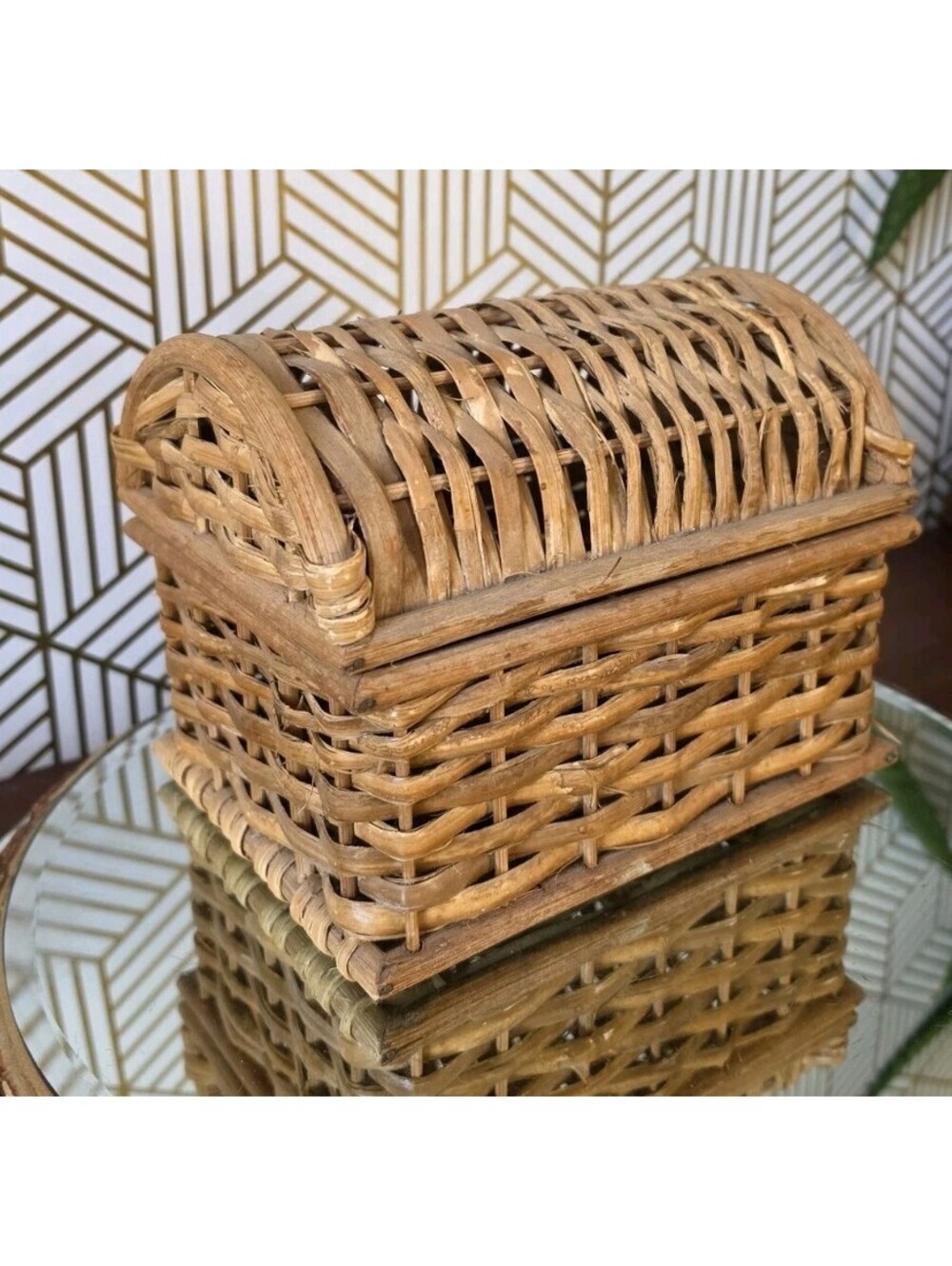 Vintage Wicker Rattan Wooden Storage Stash Box Rustic Hinged Lid 8x6”